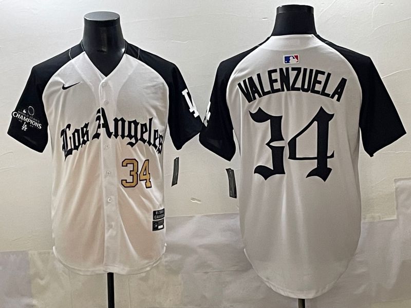 Men 2025 Los Angeles Dodgers #34 Valenzuela White black Five generations Joint Name Nike MLB Jersey style 5261->los angeles dodgers->MLB Jersey